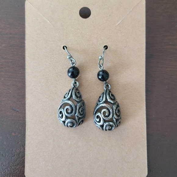 Filigree Silver Tone Drop Earrings - Picture 2 of 3